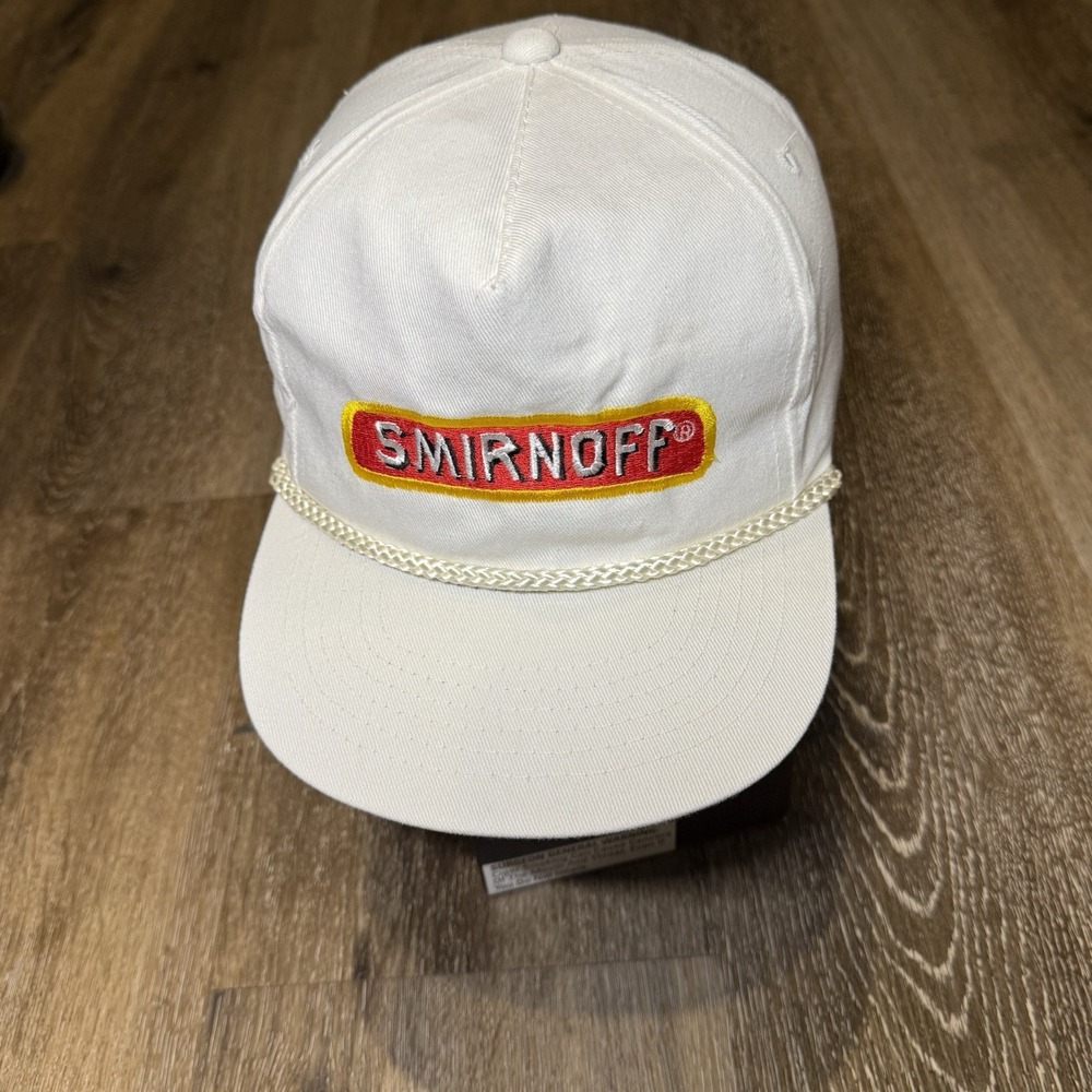 Vintage Smirnoff Snapback Hat White‎ Rope Trucker 80s Cotton Alcohol Liquor Beer
